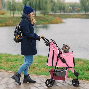 carreola para mascotas perro 3 Wheel Foldable Cat Dog Stroller with Storage Basket, Handle 360° Pet Dog Stroller 2