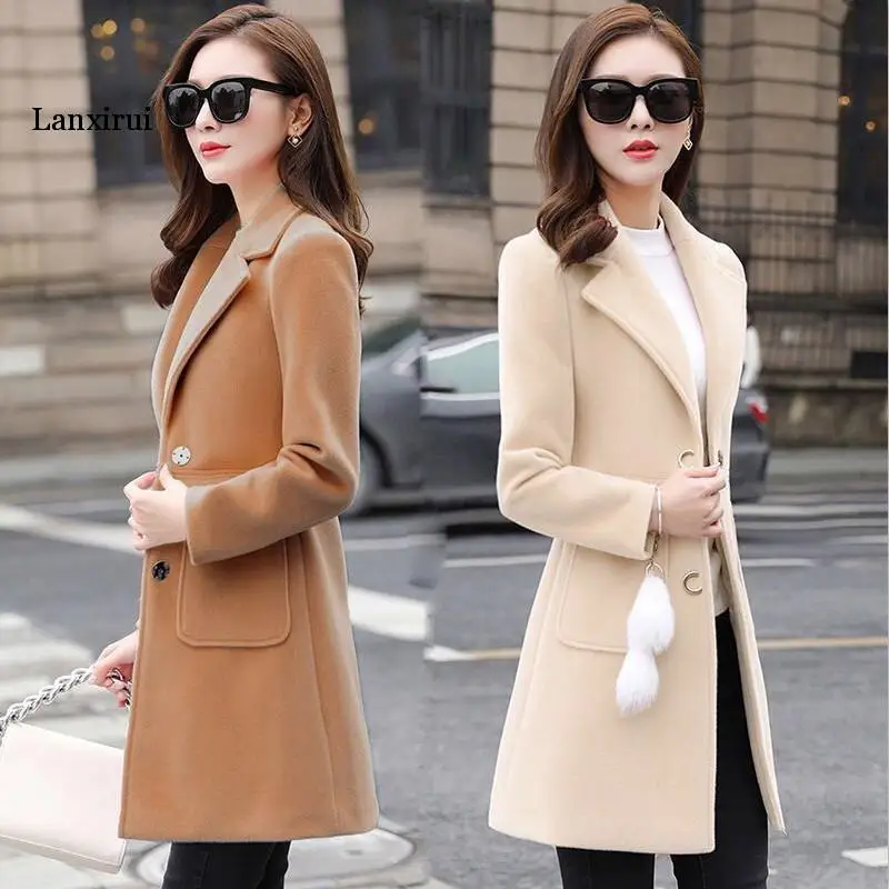 

New Women outerwear autumn winter clothing fashion warm woolen blends Slim female elegant Double Breasted woolen coat
