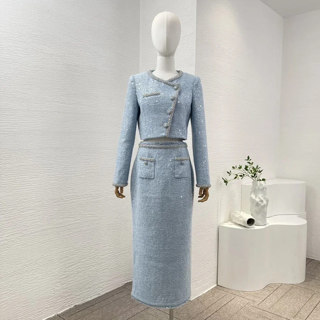 

New Fashion Clothing 2024 Blue Shining Diamonds Beading Sequined Embroidery Long Sleeve Jacket and Pocket Midi Skirt Women Set