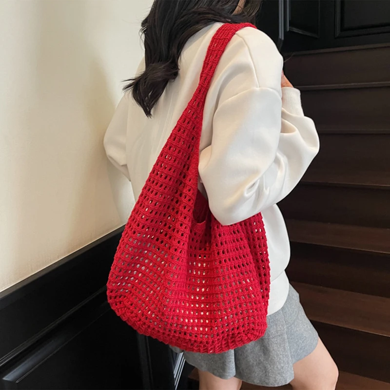 Crochet Shoulder Bag Leisure Beach Hollow Handbag Solid Color Vacation Woven Totes Bag Summer