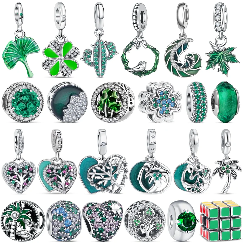 

925 Silver Green Tree Four Leaf Clover Ginkgo Leaves Zircon Sparkling Pendant Beads Fit Original Pandora Charms Bracelet Jewelry