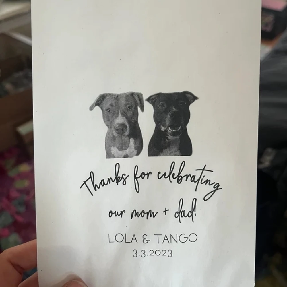 

Dog Treat Favor Bag | Wedding Guest Favors Bulk | Custom Pet Favor Bag | Pet Name Thanks For Celebrating My Humans | 2 pets Bag