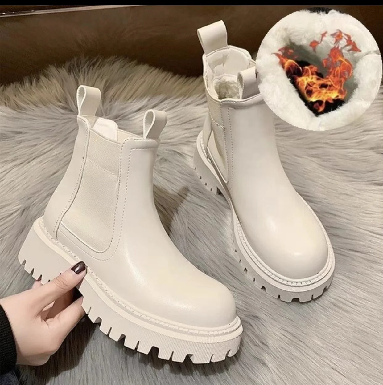 

Chelsea women's boots, platform boots, brown, black, beige and white, autumn and winter thick leather short punk Gothic shoes