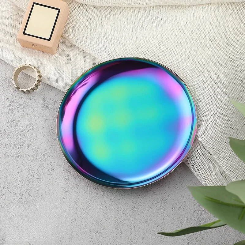 Vassoi in metallo colorato Piastre poco profonde rotonde in acciaio inossidabile da 10 cm Placcatura sottovuoto Porta gioielli Organizzatore da scrivania - immagine 5