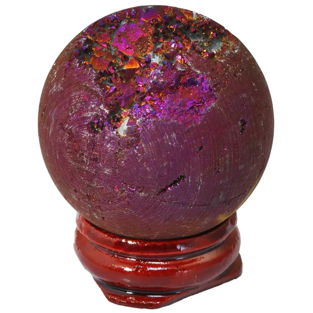 Druzy Agate Geode Specimen Figurines Rainbow Titanium Coated Quartz Crystal Sphere Ball with Wood Stand