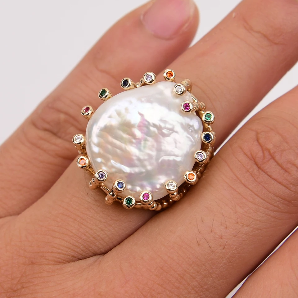 G-G 배양 화이트 코인 케시 진주 반지, 혼합 색상 CZ 포장 금도금 반지, 여성용 발렌타인 데이 쥬얼리-Freehip.co.kr