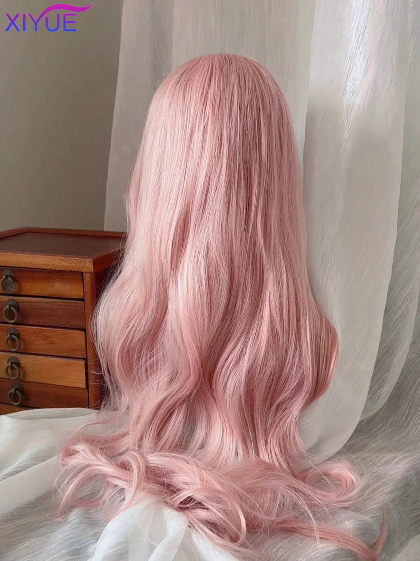 XIYUE Light Pink Synthetic Hair Wigs Long Wavy Natural Hair Wigs with Bangs for Women Cosplay Lolita Wig Heat Resistant