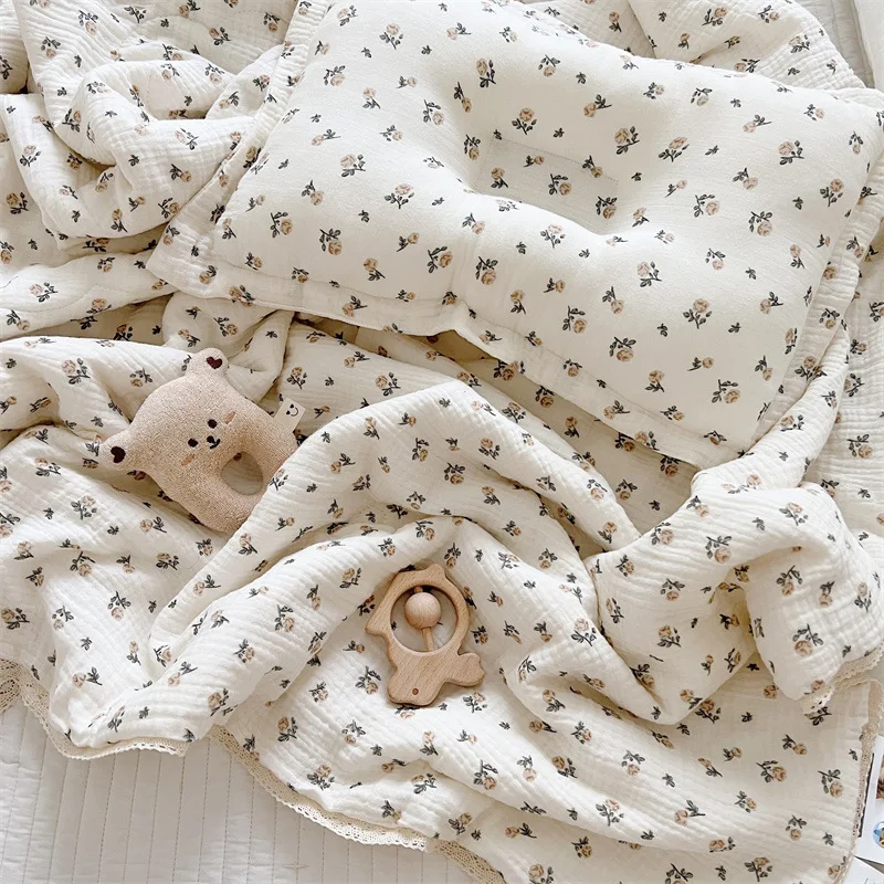 Cotton Muslin Quilted Baby Blanket Vintage Toddler Floral Blanket -Rose 120x150cm