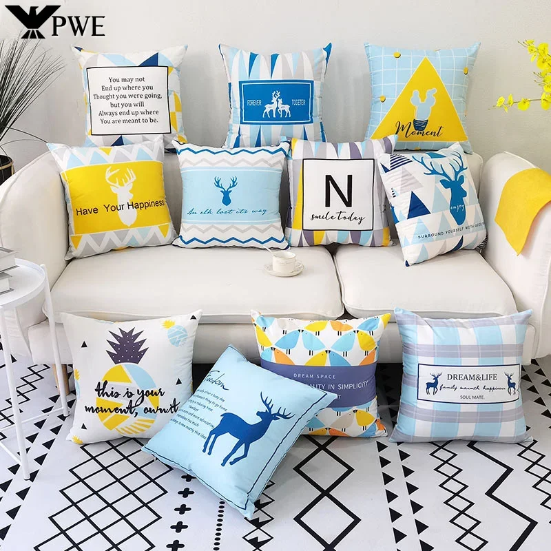 

45x45cm Simple Blue Letter Cushion Cover Nordic Elk Ins Print Poster Fresh Sofa Pillow Case Sleeping Bedroom Office Home Decor