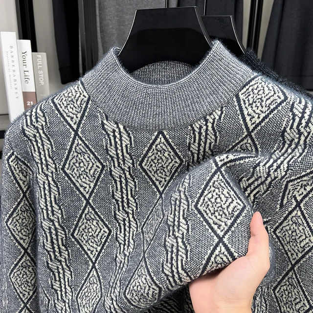 Suéter de punto grueso con forro polar para hombre, cuello simulado, manga larga, cálido y suave, jersey de invierno con textura de Jacquard, ropa informal de negocios