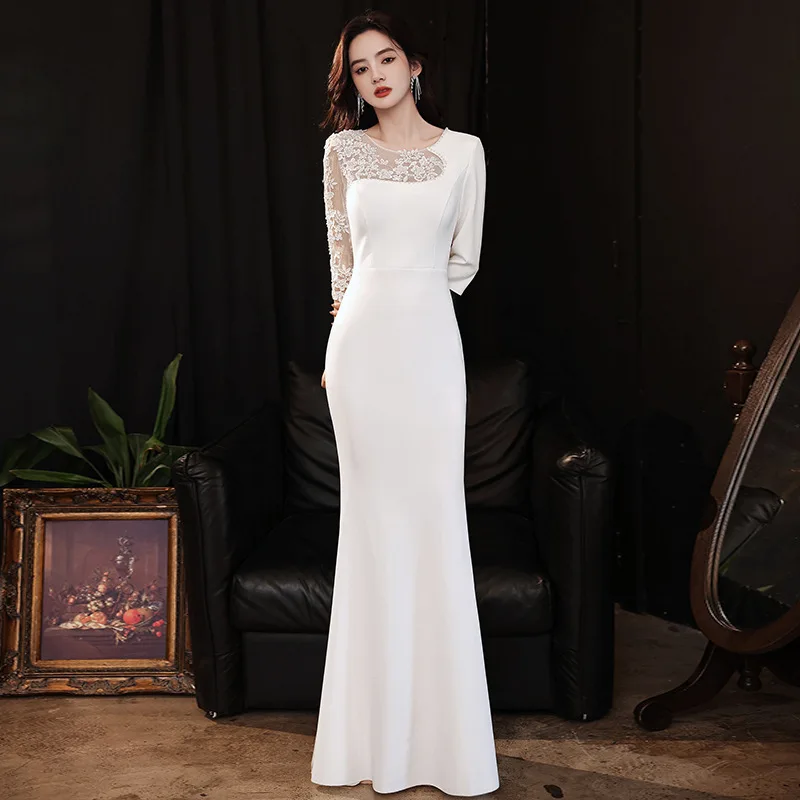 

White Patchwork Mesh Cocktail Dress Women O-neck Applique Seven Sleeve Prom Gown Elegant Simple Fishtail Evening Dresses