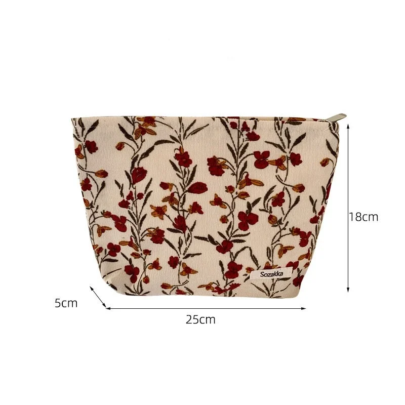 Travel Cosmetic Bag Beauty Storage Toiletry Bag Woman Toilet Wash Girl Corduroy Makeup Retro Flower Print Cosmetic Case