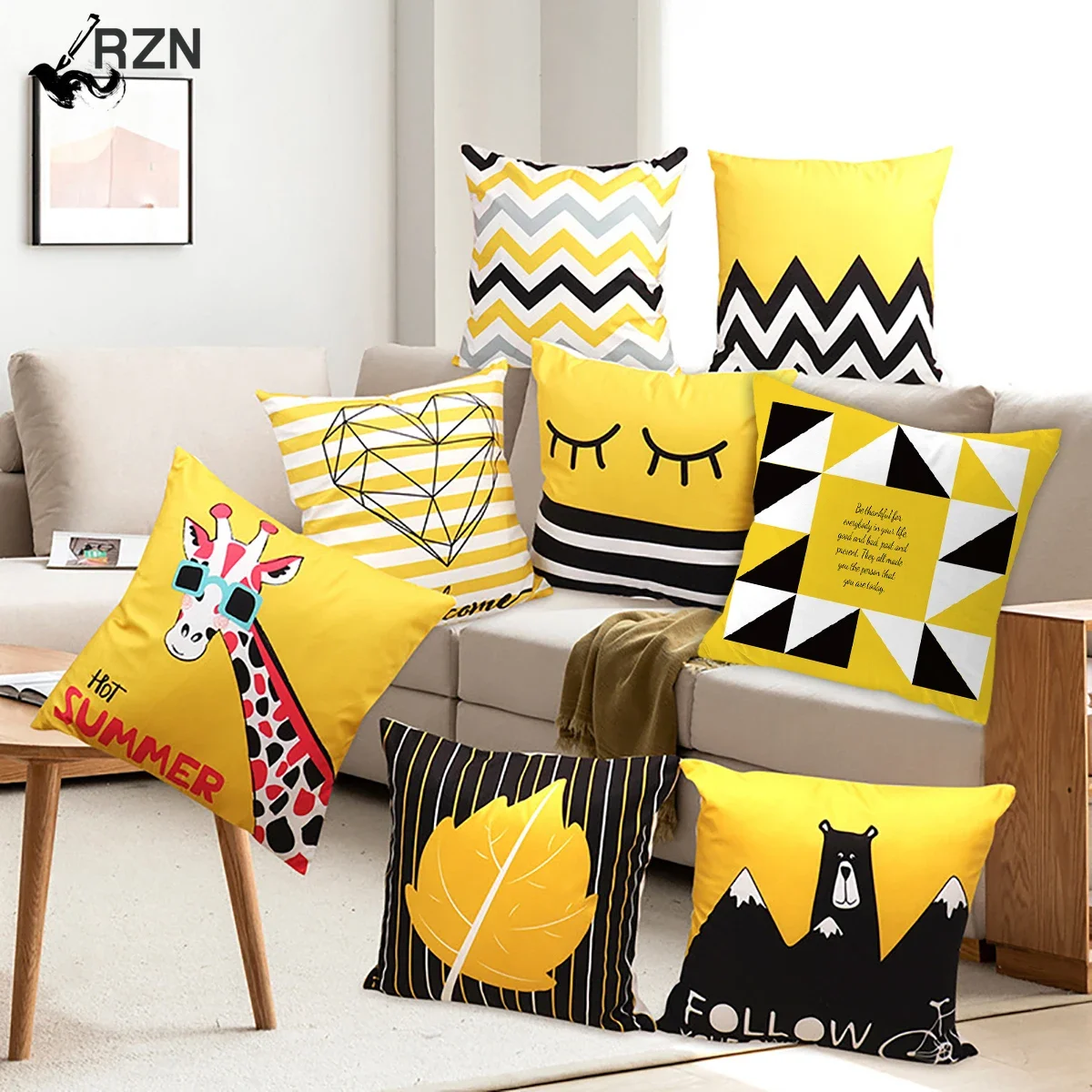 

Summer Yellow Print Cotton Cushion Cover Tropical Geometry Pillow Case Home Decor Sofa Living Room Throw Pillow Cover