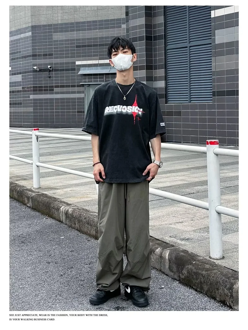 Description Picture 2 of itemAmerican Retro Overalls Drawstring Design Casual Pants Loose Wide-Leg Pants Men's Trendy Casual Spring and Summer
