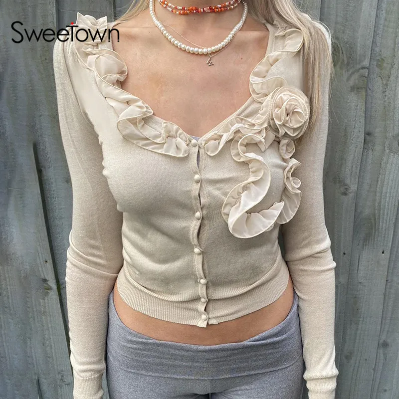 

Sweetown Tie Ruffled Flower Balletcore Sweet Button Shirts For Women Cute Japanese Y2K Streetwear V Neck Slim Long Sleeve Tees