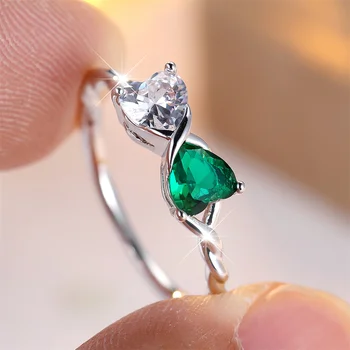 Double Heart Stone Green Crystal White Zircon Bowknot Rings For Women Rose Gold Silver Color Wedding Jewelry Valentines Day Gift