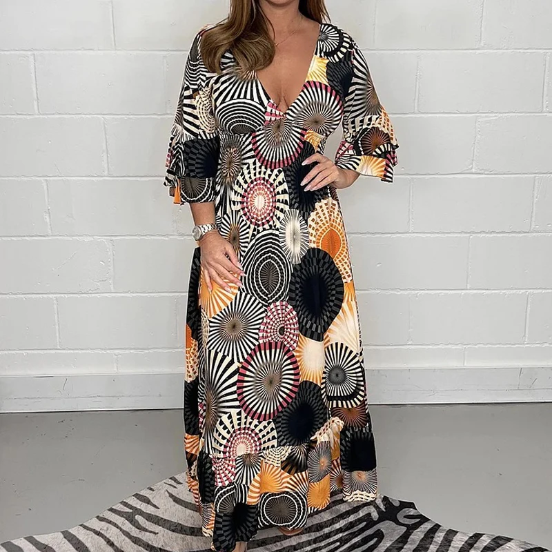 

Lady V Neck Butterfly Sleeves Draped Party Dress Summer A-line Beach Pleated Long Dress Fashion Graphic Print Pleated Long Dress