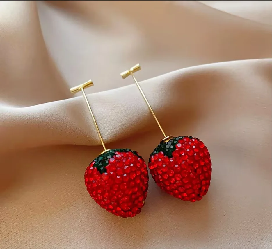 Elegant Red Rhinestone Drop Earrings for Women - Cherry Strawberry Design