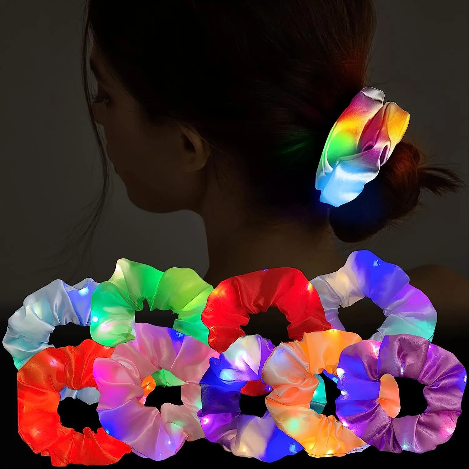 

20/50/100PCS LED Luminous Hair Bands Light Up Hair Scrunchies Rope Girls Headwear Hair Accessories Glow In Dark Party Supplies