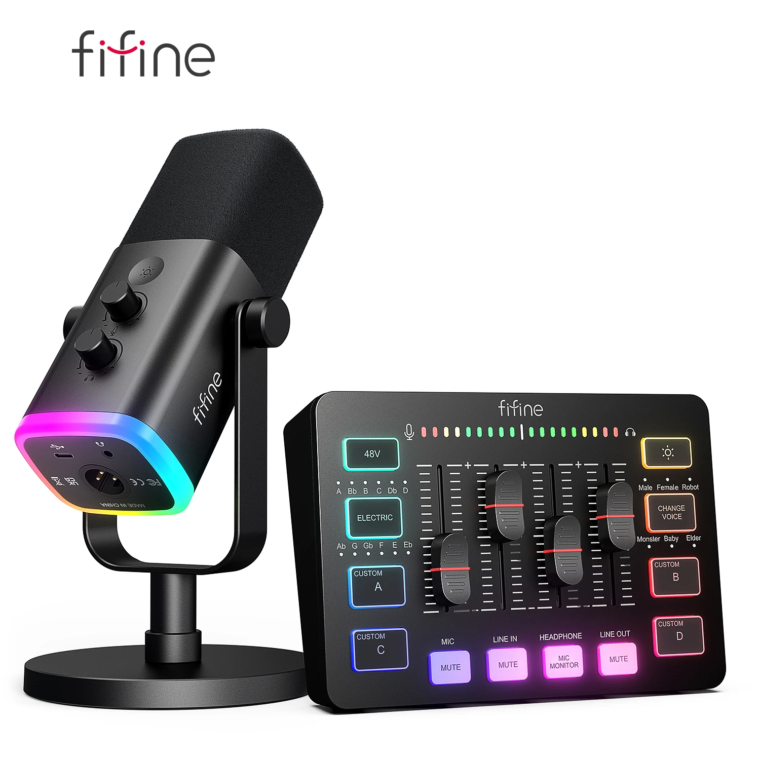 FIFINE All-in-One Podcast Kit with RGB Audio Mixer,Streaming Studio Set with Dynamic Mic for PC Gaming Recording-Ampligame KS5