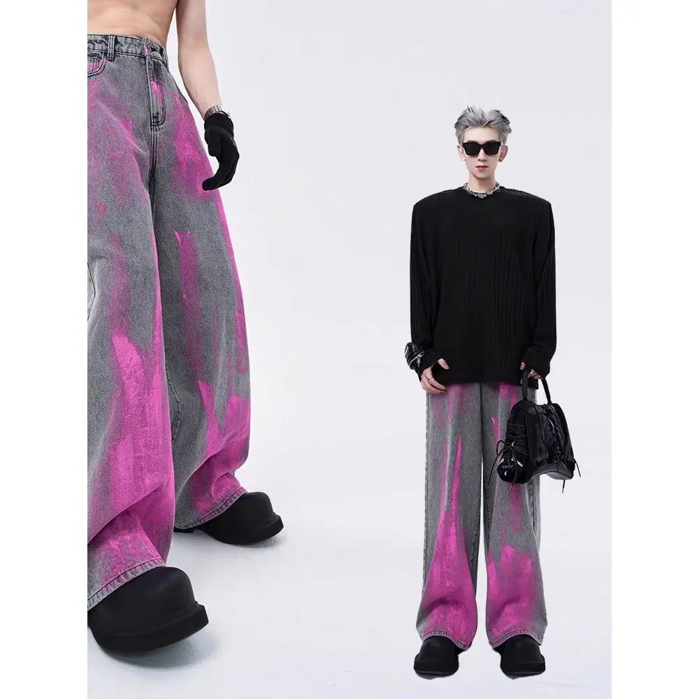 Y2K High Street Grigio Sciolto Dritto Gamba Larga Jeans Stampa Baggy Jeans Da Uomo