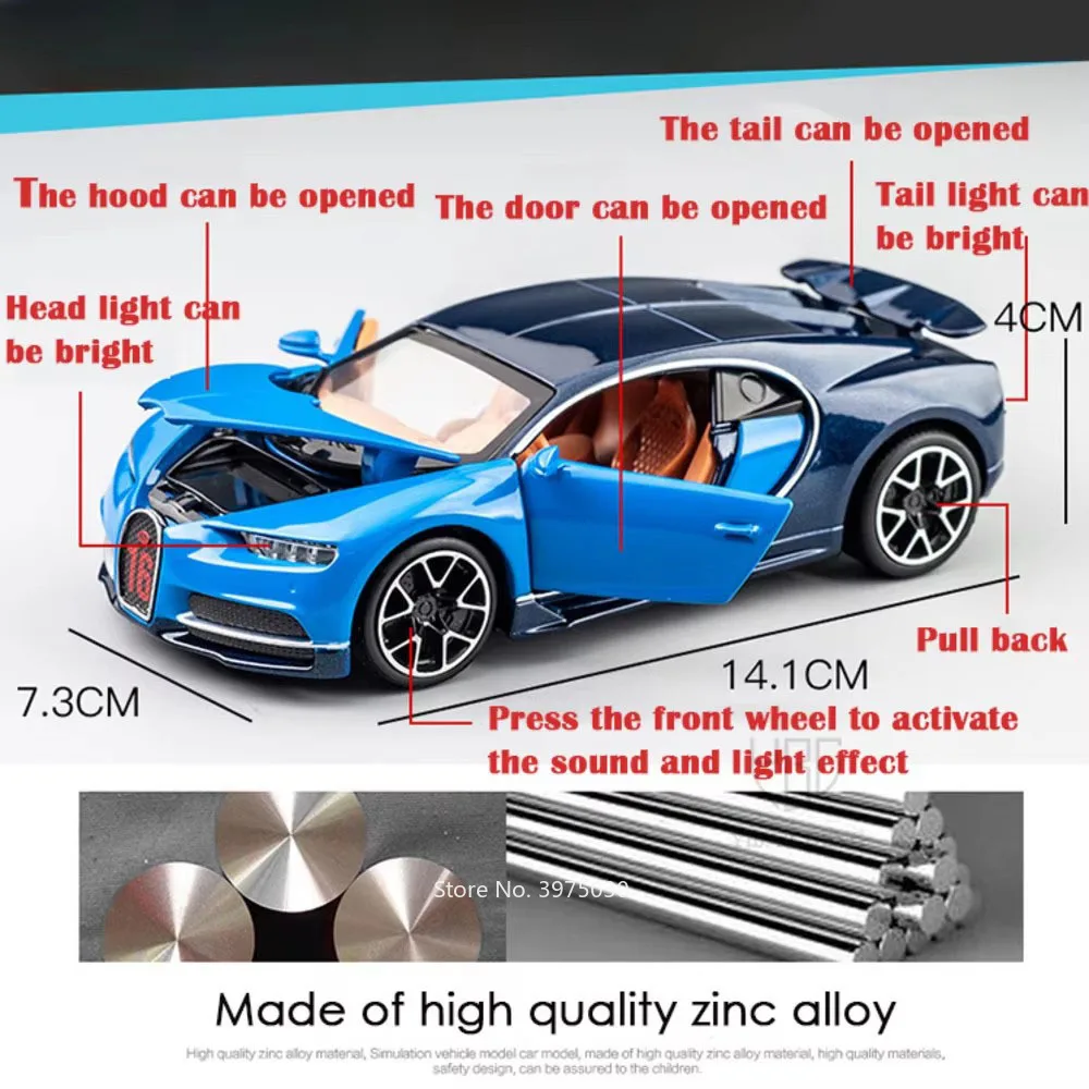 1:32 Bugatti Chiron Alloy Toy Cars Diecast Models Sound Light Toys Vehicles 3 Doors Opened Miniature Car for Kids Festival Gifts 2