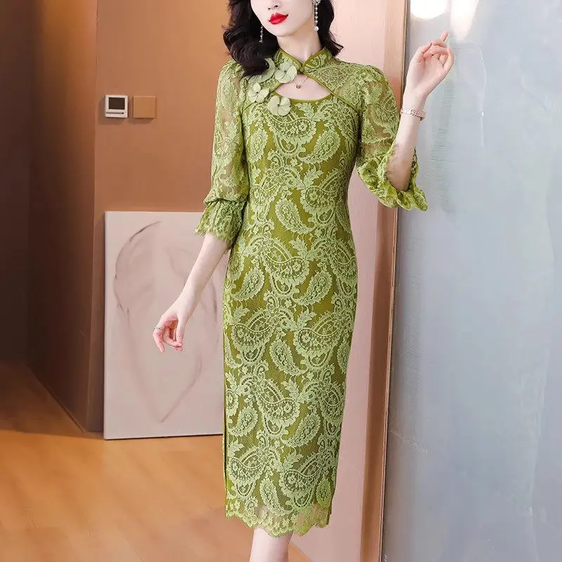 

Lace Jacquard Dress Elegant 2023 Summer Autumn New Chinese Style Fashion Temperament Modified Cheongsam Dress Split Qipao Z2462