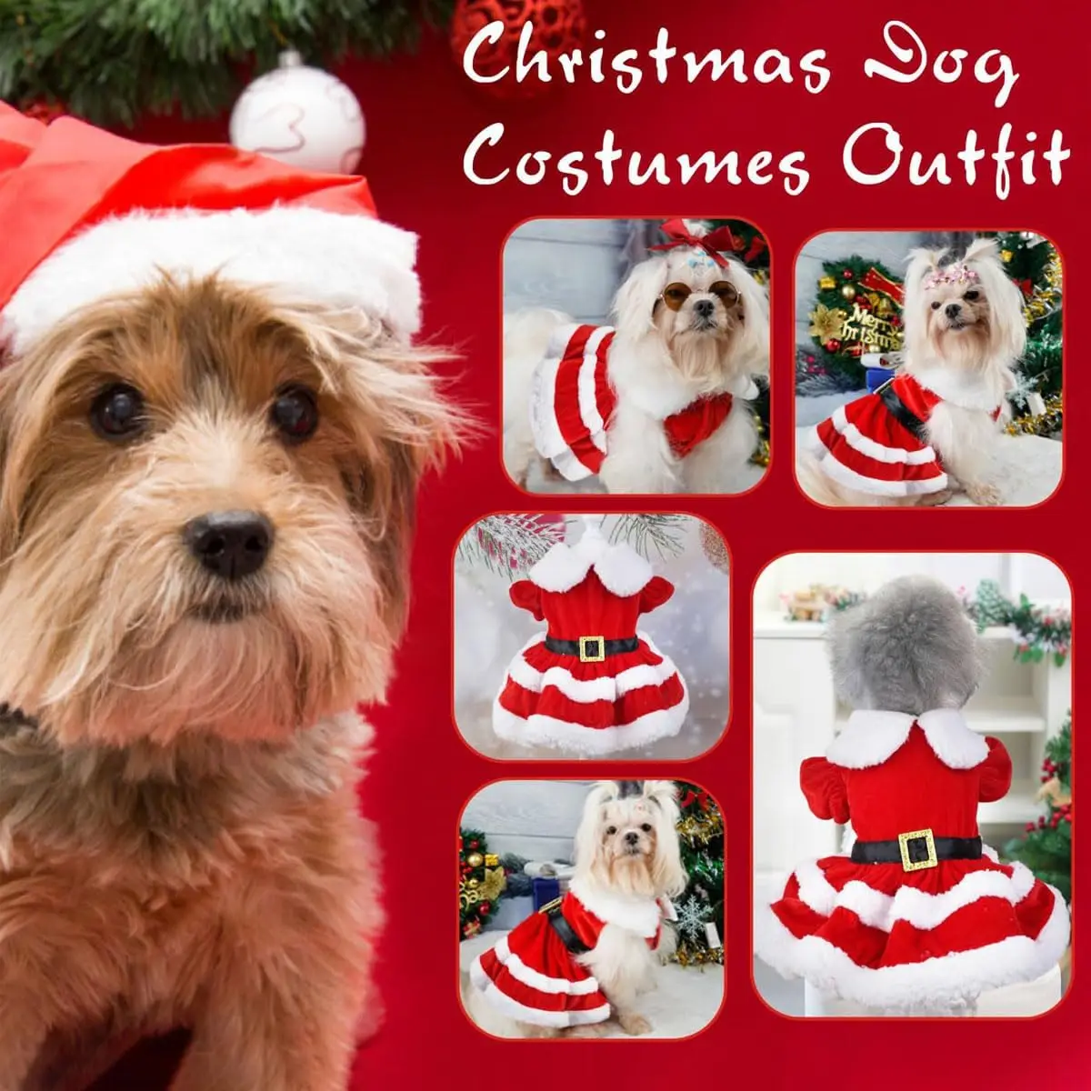 Dog Costume Set Dog Coats Dog Christmas Costume Puppy Dress Santa Claus Pet Clothes Velvet Skirt Winter Outfit For Small Medium Dogs Cats Warm Coat Xmas