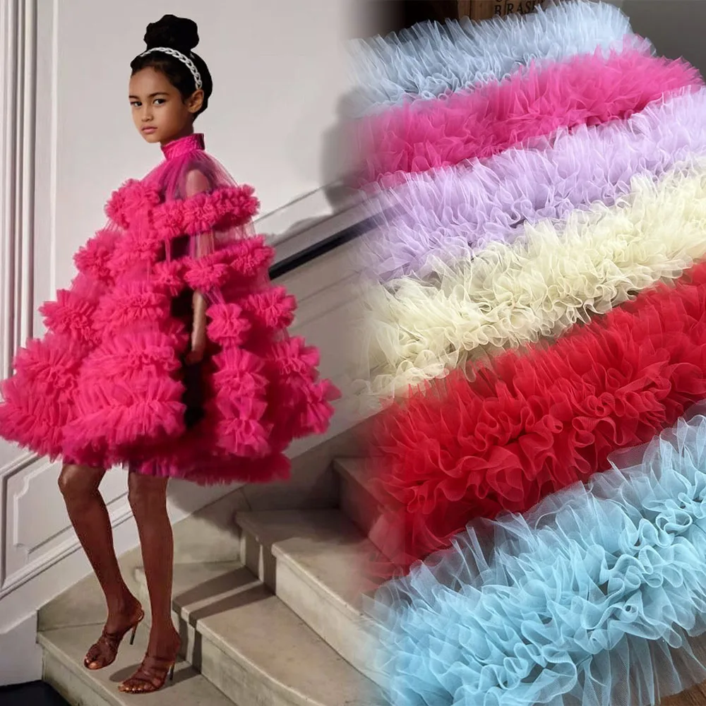 1Yard Pink White Blue Baby Puff Skirt Fabric 3D Mesh Pleated Clothing Girl Dress Doll Clothes Sewing Lace DIY Craft Accessories
