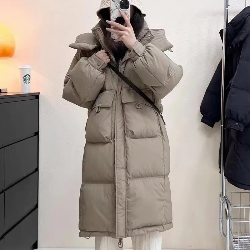 2023 New Women Down Jacket Winter Coat Female Long Knee Length Parkas Loose Hood Outwear Thicken Academic Style Waisted Overcoat