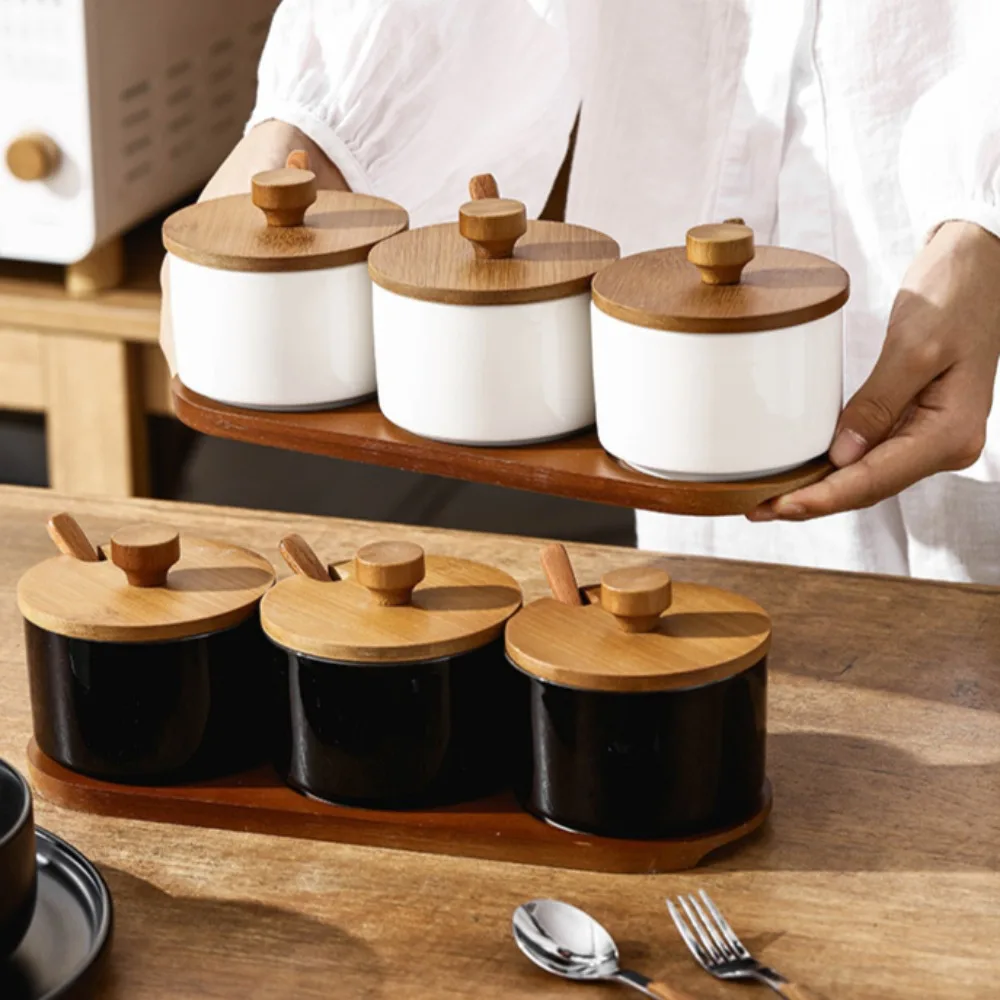 Concise Style Black White Ceramic Seasoning Jar Large Capacity Salt Pepper Spice Storage Tank with Lid Moisture-proof Container