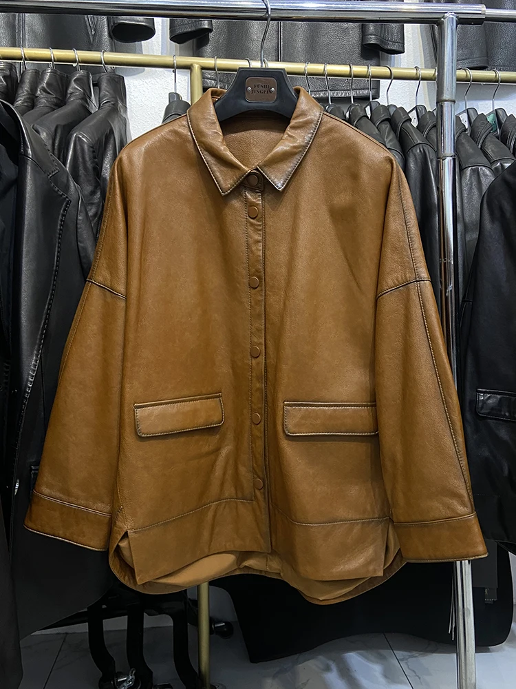 Women Genuine Sheepskin Leather Spring Autumn Fashion Classic Khaki Real Leather Jacket Oversize Loose Real Leather Coat