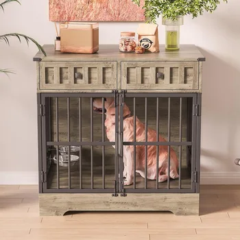 Dog Crate Furniture with 2 Drawers & Adjustable Feeder – 35.1" Indoor Wooden Kennel for Large & Medium Dogs 1