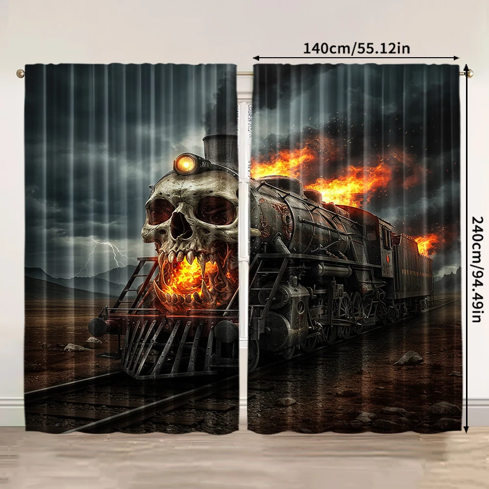 2pcs, spring summer Curtains Skull Train Yarn Curtains Durable 100% Polyester Fabric Holiday Ldeal for Kitchen Living Room 3