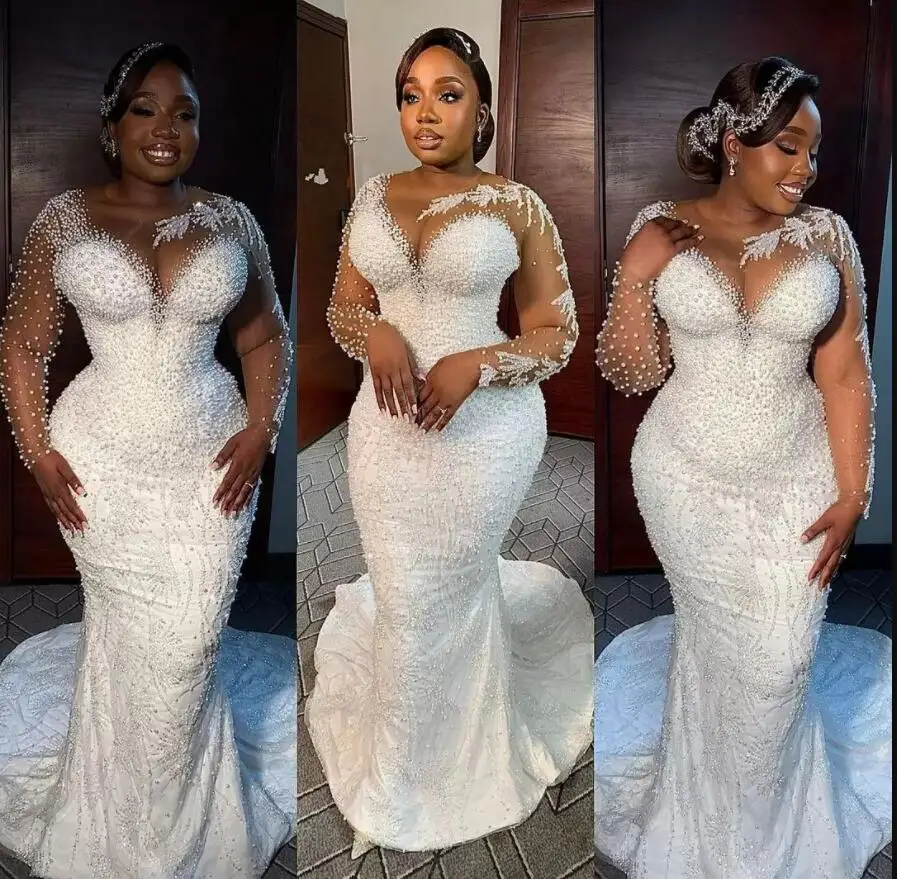 

Sparkly Heavy Pearls Wedding Dresses with Detachable Train Robe De Mariee Luxe 2023 Plus Size Long Sleeves Bridal Gowns