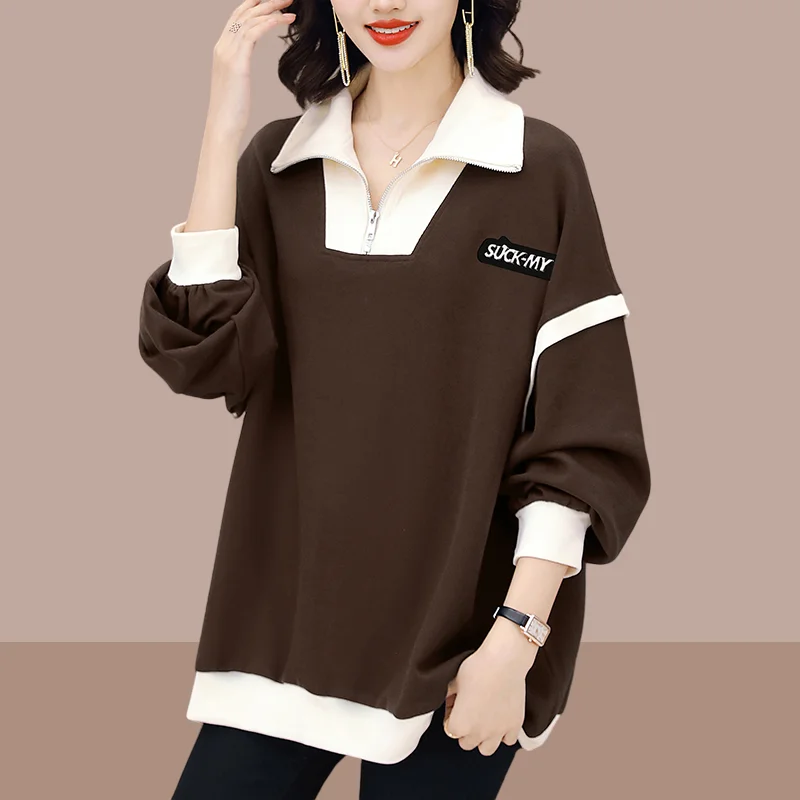 Spring Autumn Women's Polo Collar Patchwork Pullover Long Sleeve Solid Fashion Lady Sweatshirts Casual Versatile Elegant Tops