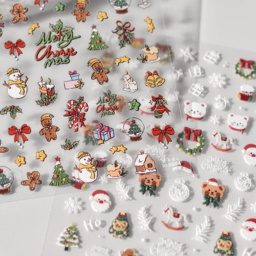

Красивые Мультяшные рождественские наклейки с Санта-Клаусом медведем 5D рельефные самоклеящиеся наклейки для дизайна ногтей зимние снежинки маникюрные наклейки