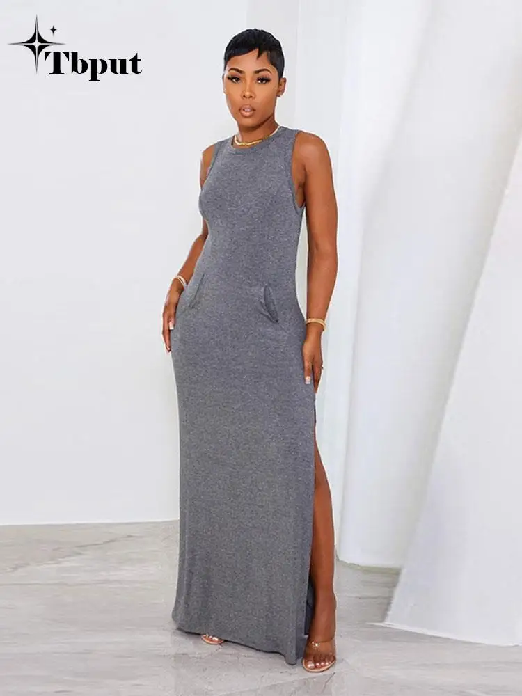 

Женское однотонное хлопковое свободное платье макси, однотонные облегающие платья с круглым вырезом и Боковым Разрезом, летние женские повседневные Базовые платья