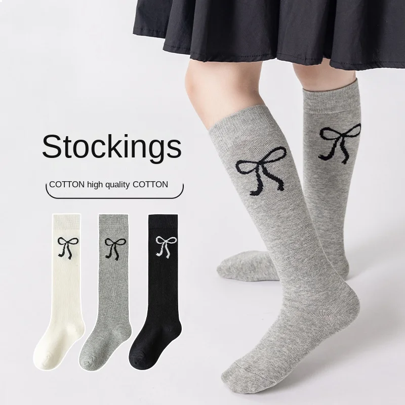 3Pairs Teenage Girls Mid-calf School Socks Bow Korean Style Spring Children Knee High Slouch Socks Fashion Kids Stackable Tights