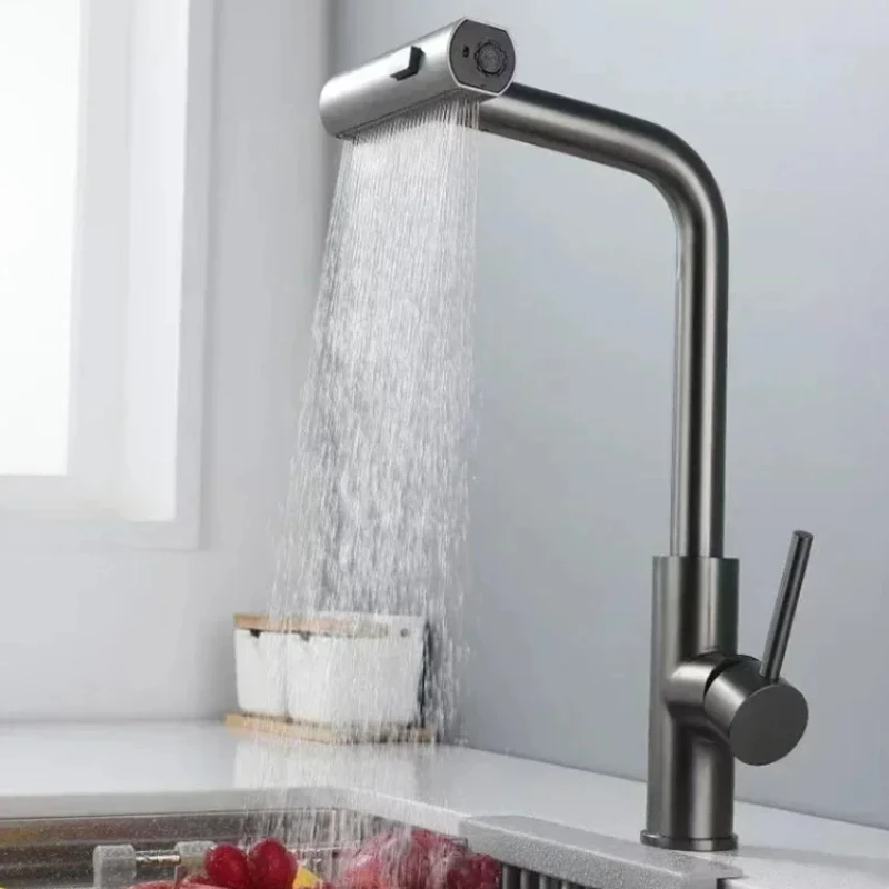 

3-Mode Handle Pull Stainless Steel Kitchen Faucets Single Hole Deck Mounted Waterfall Stream Sprayer Sink Tap Cold and Hot Mixer