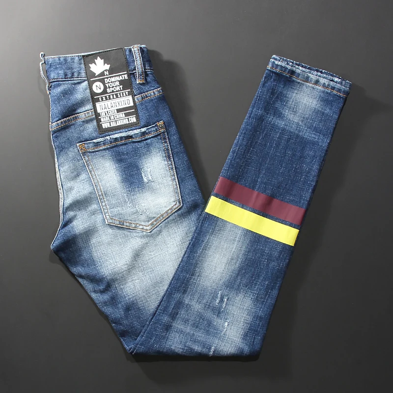 

Street Style Fashion Men Jeans Retro Blue Elastic Slim Fit Frayed Scratch Ripped Jeans Men Printed Designer Hip Hop Denim Pants