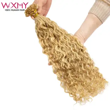 Extension per capelli umani con cheratina a punta a V, 50 ciocche/set, biondo miele, onda d'acqua, extension a fusione con capsule di cheratina, 14-26 pollici