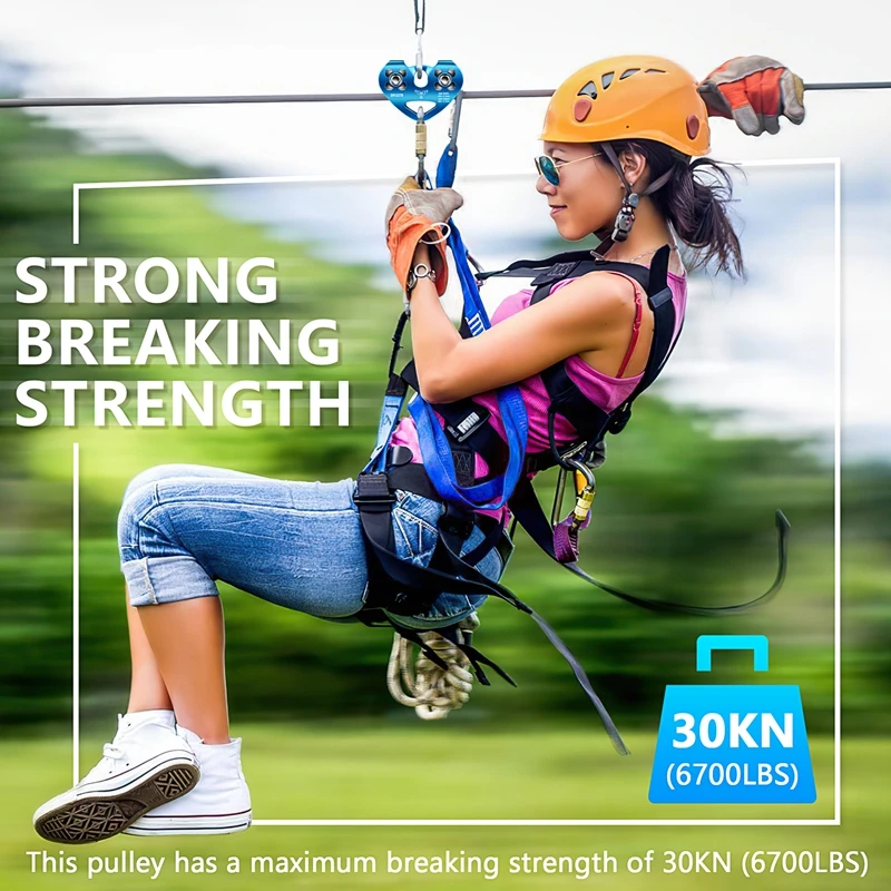 Heart-Shape Climbing Double Pulley Steel Cable Rope 13mm Climbing Device High Speed Zipline Trolley 24KN