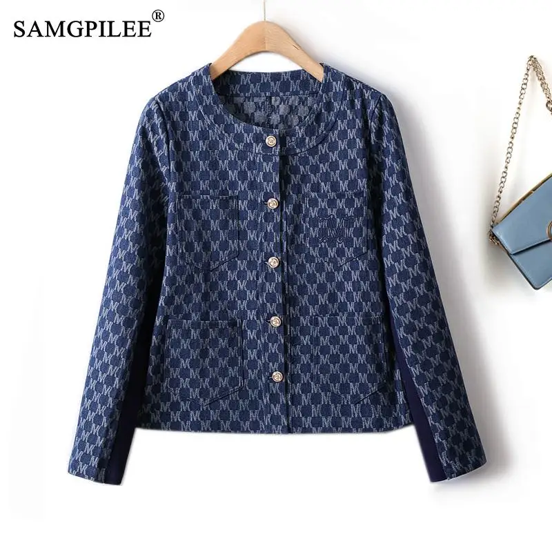 

High Quality Light Luxury Retro Plaid Skin-friendly Denim Women's Spring Jacket Color Matching Short Korean Women's Clothes 4XL