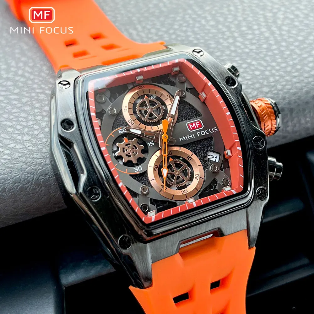 MINI FOCUS Military Sport Quartz Watch Men Orange Silicone Strap Waterproof Chronograph Wristwatch with Date Luminous Hands 0473 шестерня smallrig 3200 m0 8 65t для mini follow focus