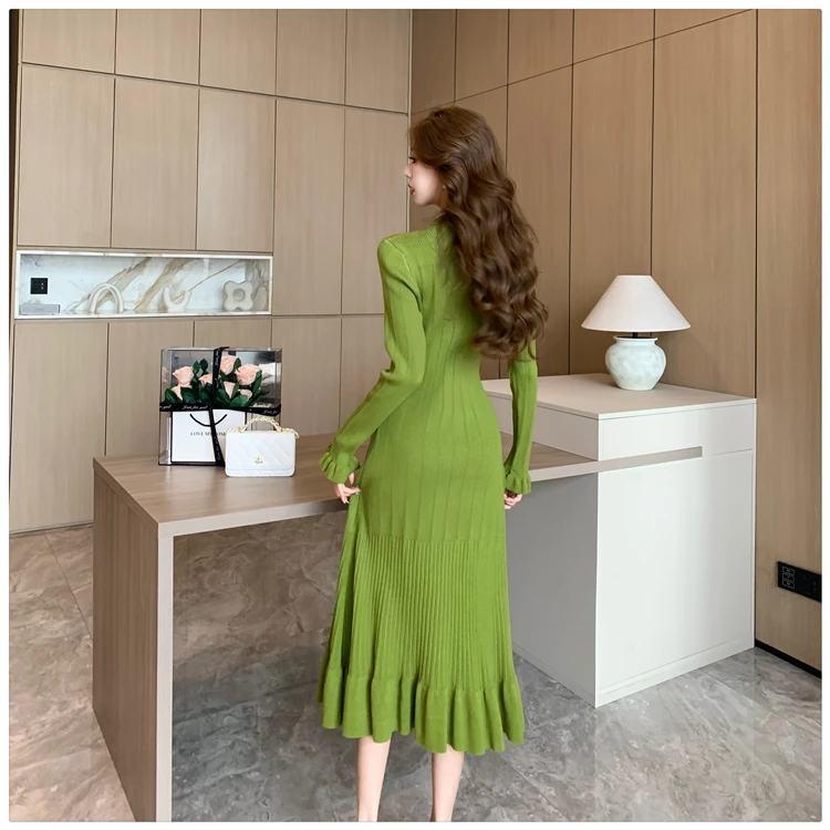 Autumn Solid Knitted Dresses for Women Single Breasted Chic Flared Sleeve Ruffles Hem Casual Female Office Elegant Robes