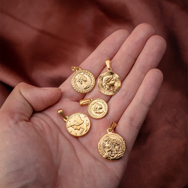 5PCS/Lot Ancient Roman Coin Charm Women Men Round Pendant Stainless Steel Gold Jewelry Pendentifs Bijoux Acier Inoxidable Femme