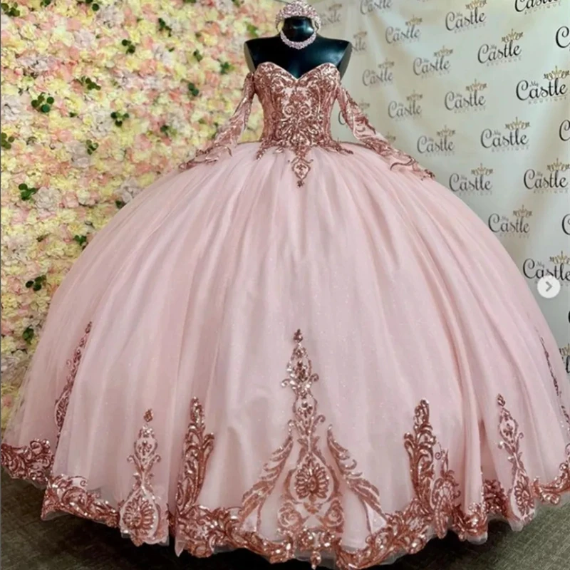 

ANGELSBRIDEP Pink Quinceanera Dresses Rose Gold Sequin Applique Formal Birthday Party Prom Ball Gown Vestidos De 15 Anos Corset