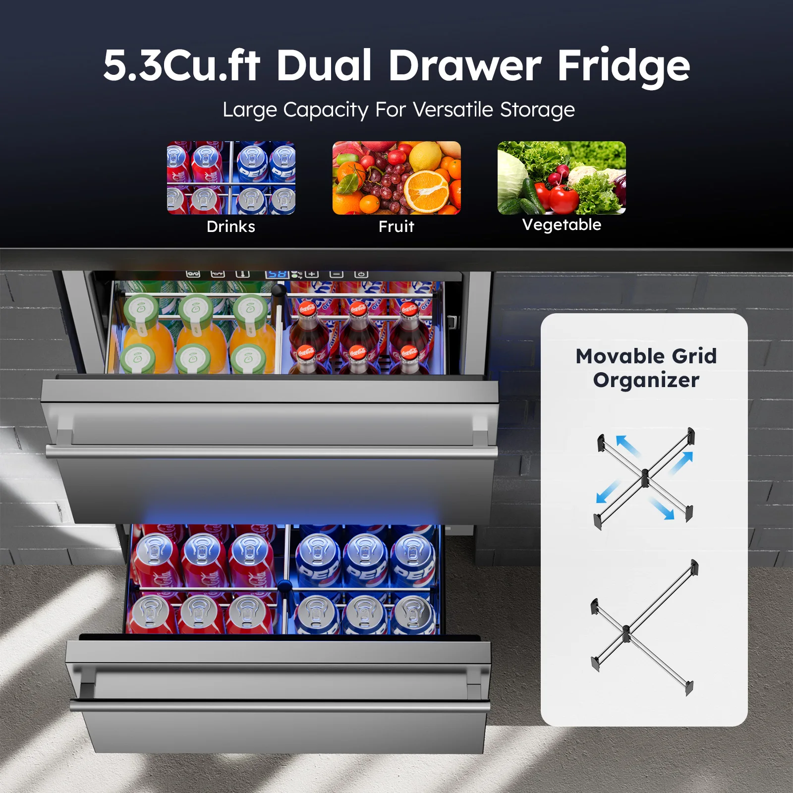 24" Undercounter Refrigerator, 2 Drawer Built-in Beverage Refrigerator with Touch Panel, 5.3 Cu.ft. Under Counter Fridge 4