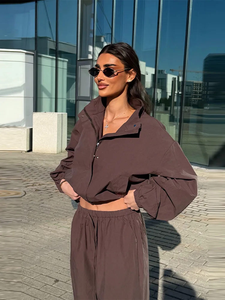 Women ‘s Tracksuit Loose Stand Collar Cropped Windbreaker Jacket High Waist Parachute Pant Set Female 2026 Spring Sporty Outfit